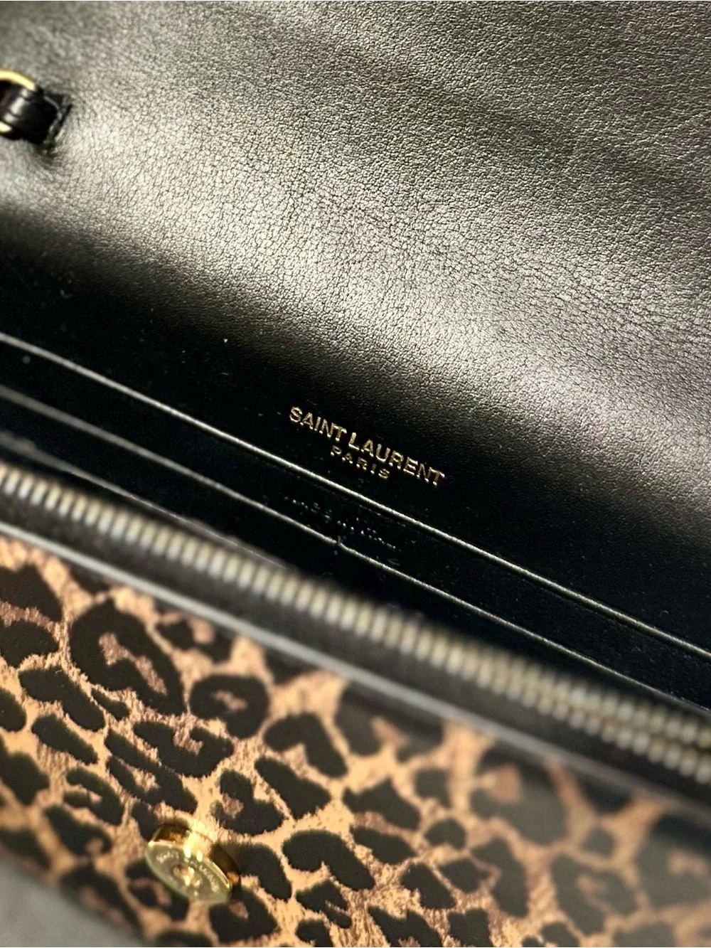 Saint Laurent Leopard Print Phone Crossbody with Gold Tassel